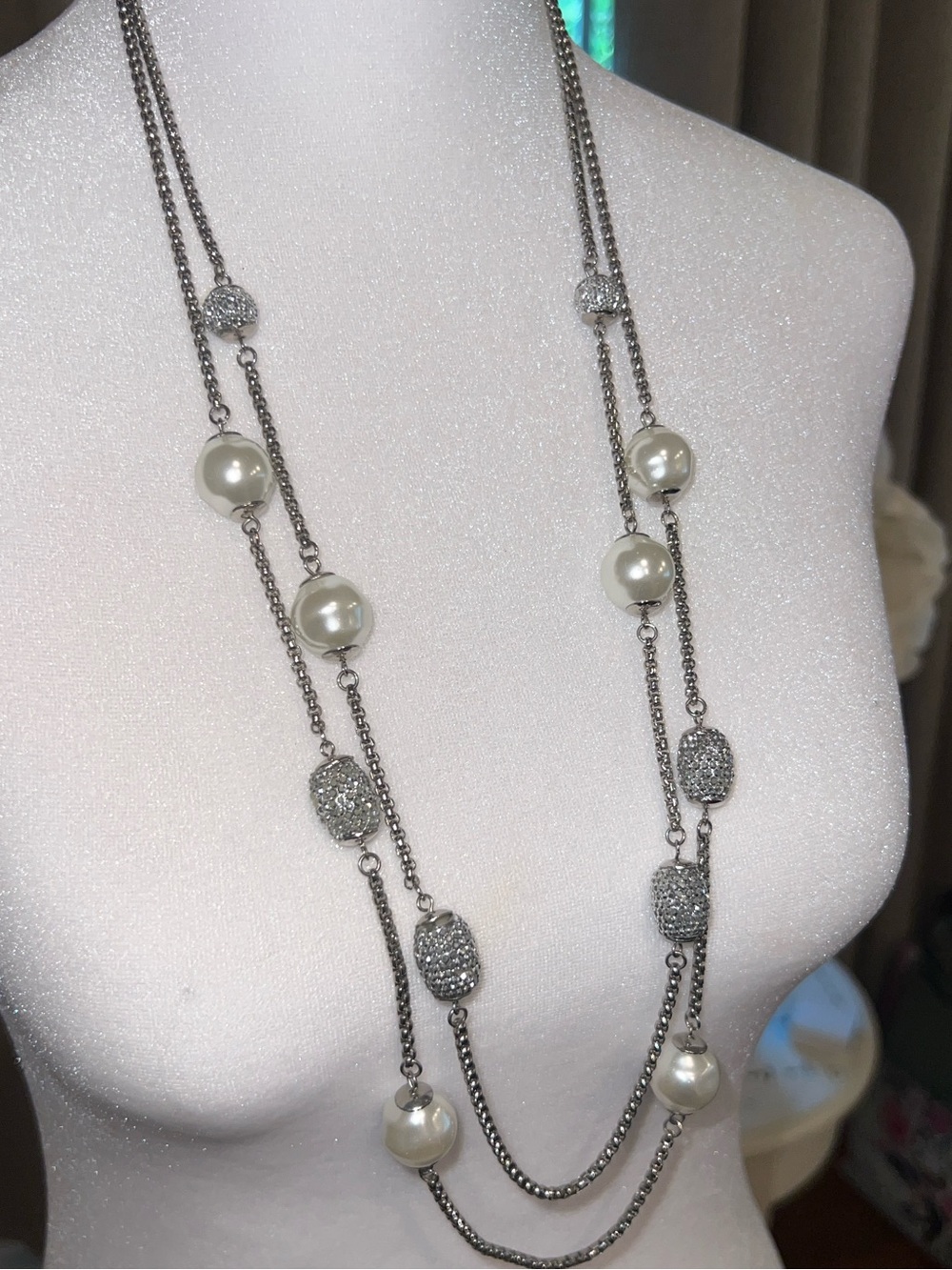 Elegant Silver-Tone Pearl Station Long Necklace
